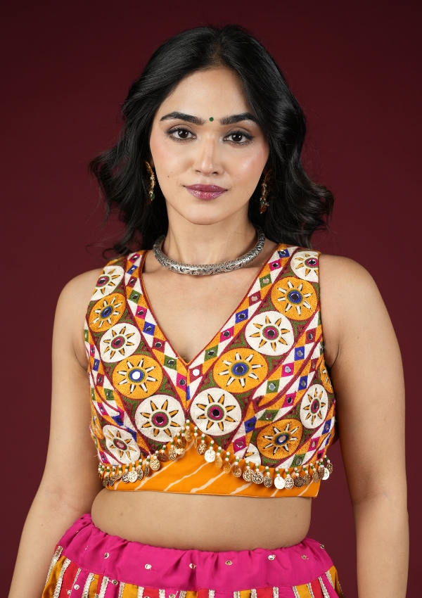 Yellow Leheriya Kutchi Mirror Blouse